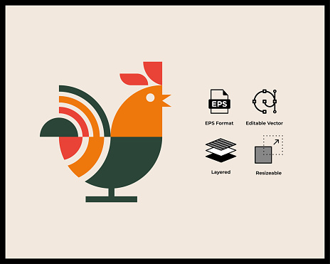 A striking geometric rooster logo, crafted with clean lines and bold shapes, representing confidence, vitality, and the harmonious blend of modern design with timeless symbolism