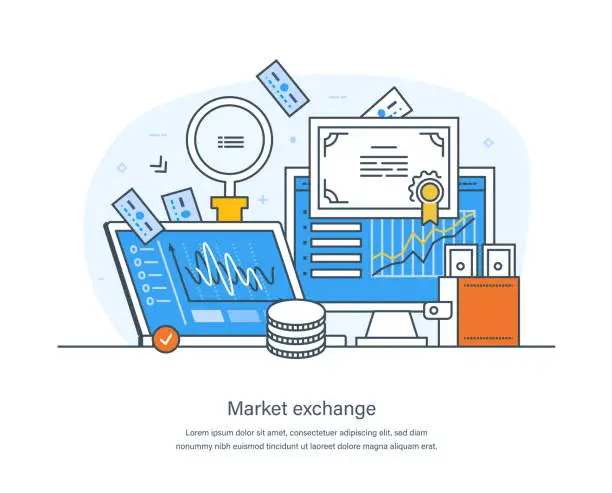 Vector illustration of Market exchange financial technology, sale and purchase of foreign currencies