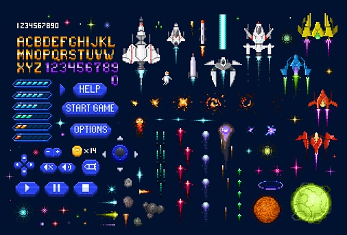 Space galaxy 8 bit arcade pixel game. 8bit platform console videogame vector asset with font, gamepad buttons, life level and fantastic spaceships, planet, laser shooting and explosion animations
