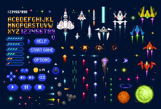 Space galaxy 8 bit arcade pixel game asset Space galaxy 8 bit arcade pixel game. 8bit platform console videogame vector asset with font, gamepad buttons, life level and fantastic spaceships, planet, laser shooting and explosion animations space invaders game stock illustrations