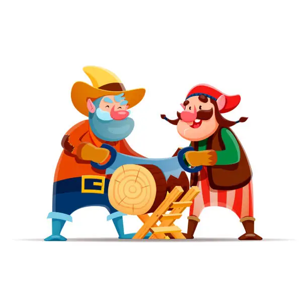 Vector illustration of Cartoon gnome or dwarf characters sawing wood