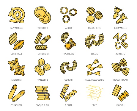 Pasta type line icons, Italian food spaghetti and macaroni in vector outline. Italian pasta types for package icon or cuisine menu, penne and pappardelle with tortellini and fideo with tagliatelle