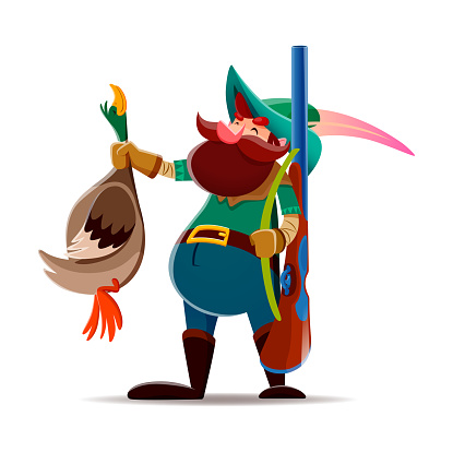 Cartoon gnome or dwarf hunter character. Garden elf, fantasy gnome or fairy dwarf happy isolated vector character. Fairytale midget hunter cheerful personage with rifle, holding hunted duck trophy