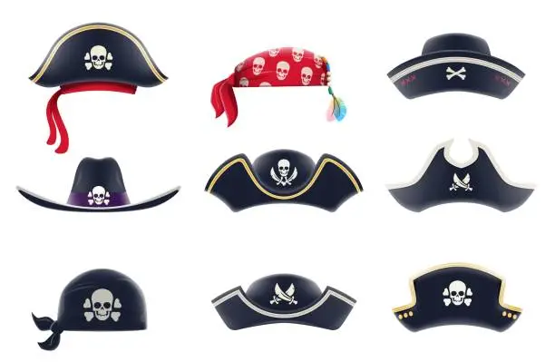 Vector illustration of Cartoon pirate captain tricorn hats and bandanas