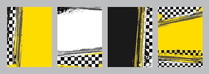 Rally racing grunge background, checkered flag and tire tracks. Motorsport victory or race wining background, open-wheel single-seater car championship competition vector banners with car wheel dirty trace, finish flag pattern