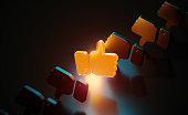 Orange Thumbs Up Symbol Glowing Amid Black Thumbs Down Symbols On Black Background