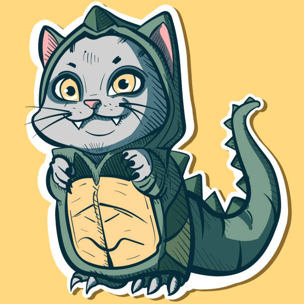 Digital art of a cute kitty wearing a dinosaur costume for Halloween. Vector of an adorable kitty in a dino suit going trick or treat. Digital art of a cute kitty wearing a dinosaur costume for Halloween. Vector of an adorable kitty in a dino suit going trick or treat. dinosaur rawr stock illustrations