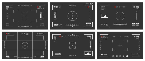 Camera viewfinder screen, vector cam display Camera viewfinder screen, vector Photo or video cam display frames set. Focus and grid, zoom, shutter, preview and record shooting settings of digital or analog camcorder with zoom capture and rec cctv camera overlay stock illustrations