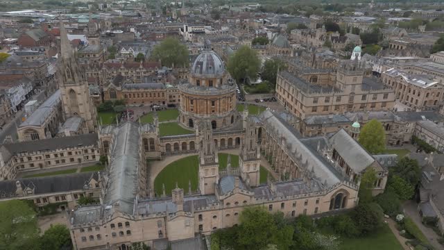 Aerial view over the city of Oxford with Oxford University and other medieval buildings.