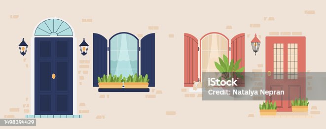 istock Set of vintage front doors and windows with shutters. Brick wall and windows. 1498394429