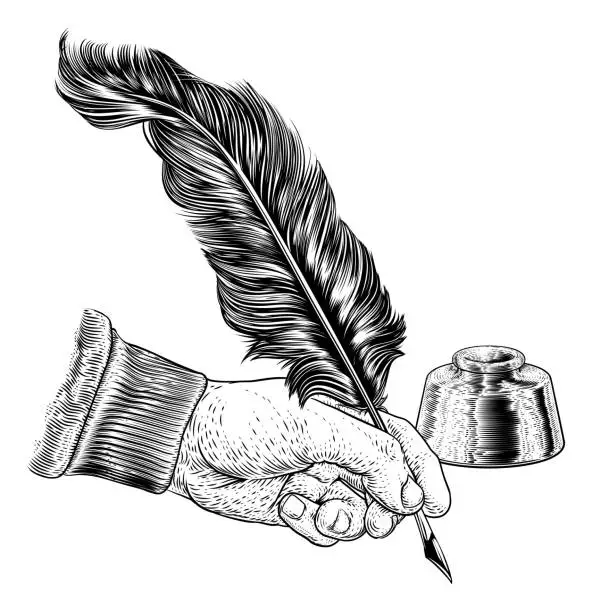 Vector illustration of Quill Feather Ink Pen Hand Vintage Woodcut Print
