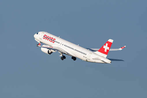 Zurich, Switzerland, January 2, 2023 Swiss international airlines Bombardier CS-300 or Airbus A220 aircraft departure from runway 28
