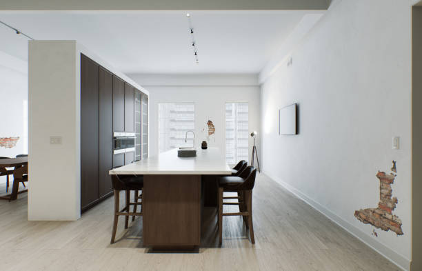 istock Kitchen minimalism. Wooden kitchen with large long island and bar stools. Kitchen with marble top and wooden bottom. 3d render 1498399292