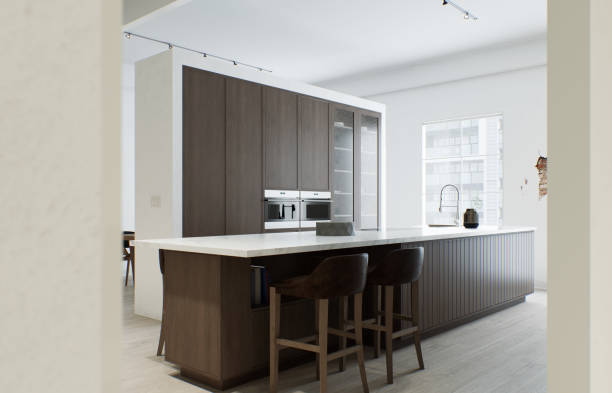 istock Kitchen minimalism. Wooden kitchen with large long island and bar stools. Kitchen with marble top and wooden bottom. 3d render 1498399295