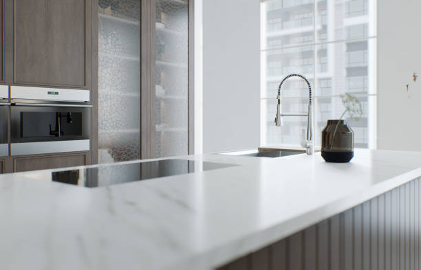 istock Kitchen minimalism. Wooden kitchen with large long island and bar stools. Kitchen with marble top and wooden bottom. 3d render 1498399297