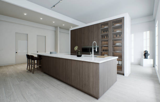 istock Kitchen minimalism. Wooden kitchen with large long island and bar stools. Kitchen with marble top and wooden bottom. 3d render 1498399301