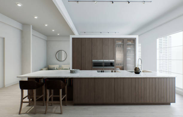 istock Kitchen minimalism. Wooden kitchen with large long island and bar stools. Kitchen with marble top and wooden bottom. 3d render 1498399311