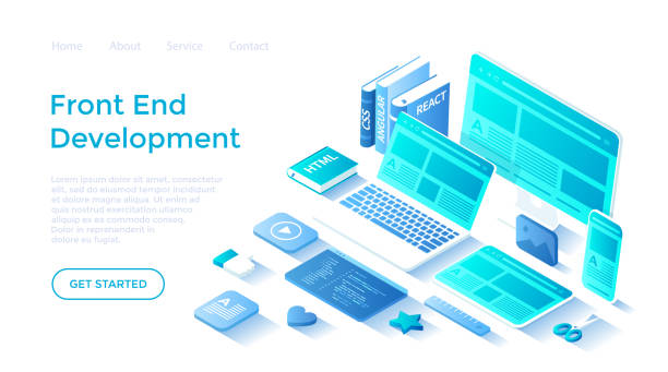 ilustrações de stock, clip art, desenhos animados e ícones de front-end development, creating a site layout, template. converting data into a graphical ui ux interface. web development, design. landing page template for web on white background. - search engine marketing white background internet