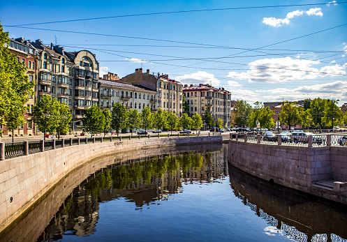 Karpovka river in St. Petersburg, urban landscape