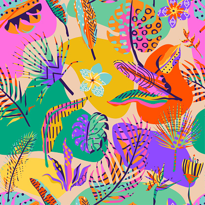 Tropic seamless vector background. Summer pattern with textured palm leaves, flowers, organic geometric shapes. Graphic design in simple trend modern style. Bright color.