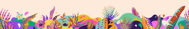 Horizontal seamless tropic banner vector background. Summer panorama frame with textured palm leaves, flowers. Graphic design in simple trend modern style. Bright color Horizontal seamless tropic banner vector background. Summer panorama frame with textured palm leaves, flowers. Graphic design in simple trend modern style. Bright color. banana borders stock illustrations