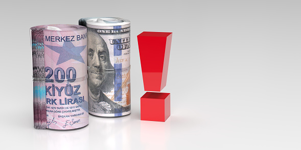 Finance and Economy concept: 200 Turkish lira and 100 American dollar paper currency money roll with big square shiny exclamation sign on 3D financial recession background with copy space. Illustration design template.