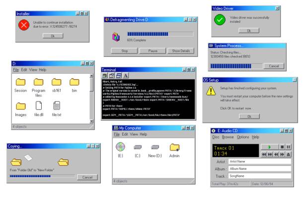Vintage PC software windows, computer interface Vintage PC software windows, retro computer interface message boxes, vector backgrounds. Vintage PC windows of file folders on disk, system error popup message and browser loading bars with buttons windows folder icon stock illustrations