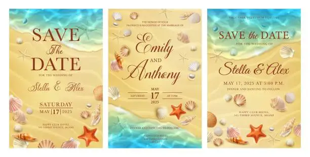 Vector illustration of Wedding invitations. Realistic beach wave, shells