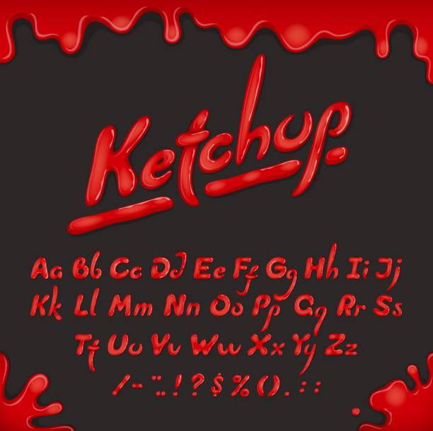 ilustraciones, imágenes clip art, dibujos animados e iconos de stock de tipo de fuente ketchup, tipo de letra, alfabeto de salsa de tomate - alphabet english culture paint typescript
