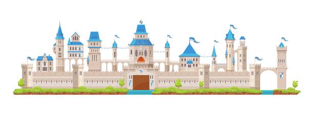 Knight stone castle and fortress, fairytale house Knight stone castle and fortress. Gate, tower and turret, bridge, fort, wall and palace medieval architecture. Isolated cartoon vector antique building with flags. Fantasy magic or fairy royal house fairy door fairy tale antique stock illustrations