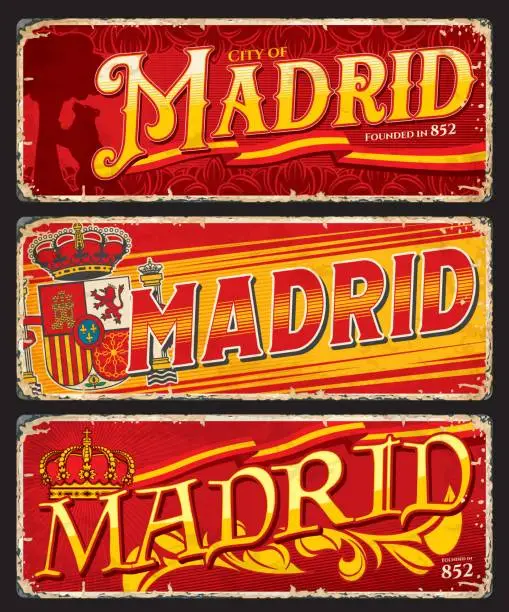 Vector illustration of Madrid travel stickers, Spain flag, coat of arms