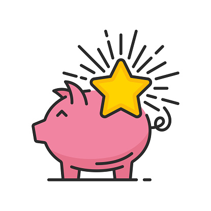 Piggy bank with star icon, bonus points, benefits, reward or prize of customer loyalty program. Vector line money box in shape of pink pig with gold star, bonus points accumulation color symbol