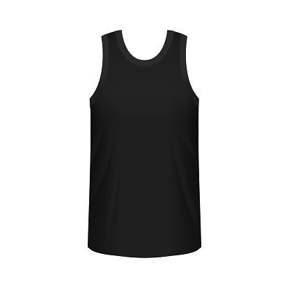 Realistic black male singlet mockup front view. Isolated vector 3d template of athletic wear, fitness apparel, sportswear brand with round neck and wide straps