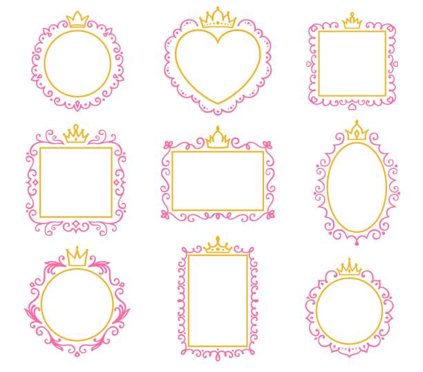 illustrazioni stock, clip art, cartoni animati e icone di tendenza di cornici e specchi princess con corona doodle - frame ellipse gold paintings