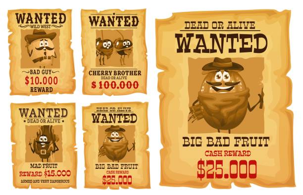 ilustrações de stock, clip art, desenhos animados e ícones de western wanted placards, wild west fruits bandits - wanted poster poster old wild west
