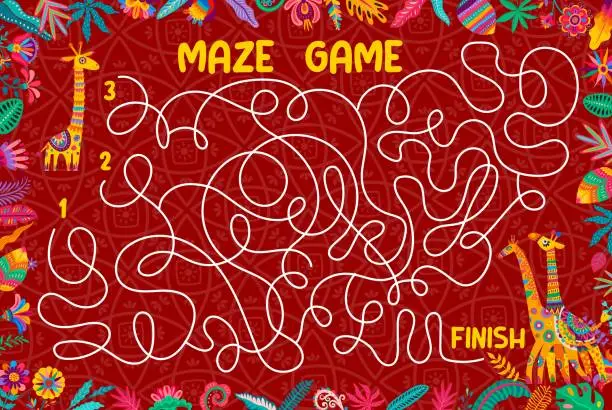 Vector illustration of Labyrinth maze game help to giraffe to find friend
