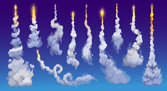 Cartoon rocket smoke trails, spaceship launch fire tail with clouds, vector spaceflight effects. Space rocket start up fire and smoke trails of galaxy shuttle or spacecraft engine and missile blast