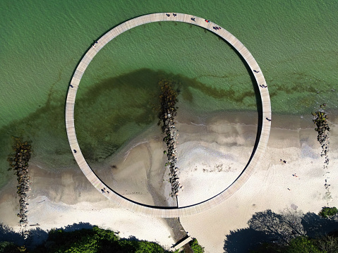 Aerial view of the round shaped Infinite Bridge on a sunny day in Aarhus, Denmark