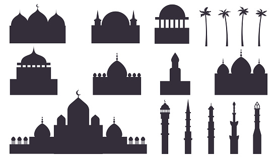 Muslim or arabic cityscape black silhouettes. Islamic city skyline with mosque and minaret Arabic architecture