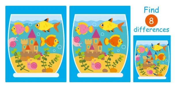Vector illustration of Find differences, education game for children. Cute cartoon flat vector illustration with fish, snail, aquarium, castle.