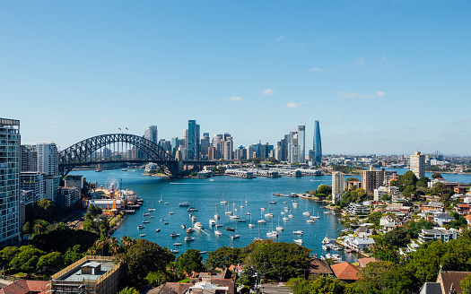 Cityscape of Sydney, Australia with Harbour Bridge and Sydney skyline during a clear sunny day.