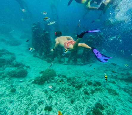 Rear view shot of a young man snorkelling while in the Gili Islands, Indonesia.