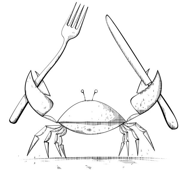 ilustrações, clipart, desenhos animados e ícones de um caranguejo com garras grandes e talheres grandes - fork silverware sketch kitchen utensil