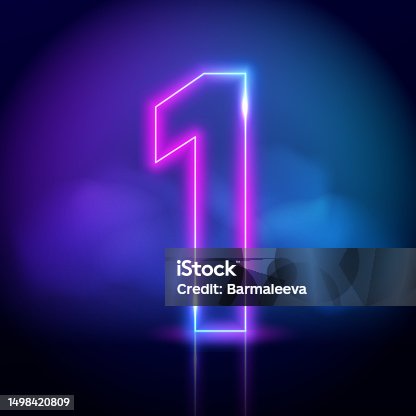 istock Purple neon tube number one with fog on dark background. Neon color glowing number 1498420809