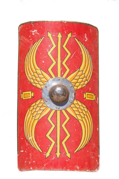 shield of a soldier from ancient roman empire, scutum augusta close up in vertical of a vibrant red Scutum Augusta, a shield of a legionary soldier from the ancient Roman Empire, evoking strength and authority alcala de henares stock pictures, royalty-free photos & images