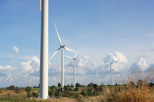 Panoramic view of wind farm or wind park, with high wind turbines for generation electricity with copy space. Green energy concept. Wind Turbine against sun light, Wind turbine on sunny and winddy day