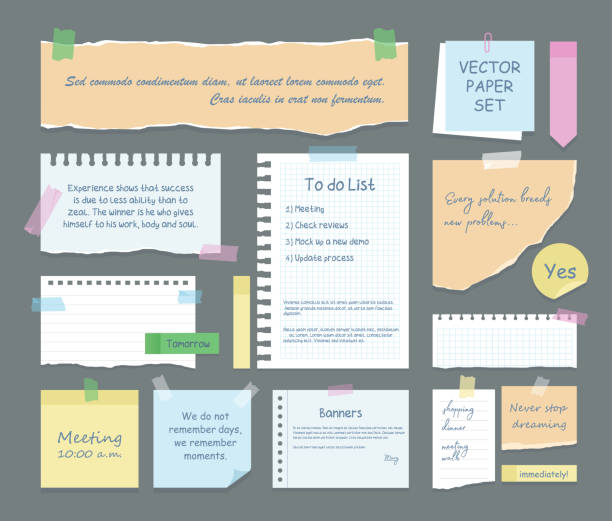 note paper with text Vector set of note paper with text, stickers, notebook, copybook with sticky colorful tape. Ripped strips for text or message isolated on grey background. Vintage note sheet of paper. To do list letter stock illustrations