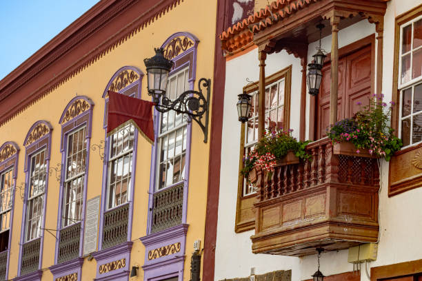 Beautiful wooden balconies covered in colorful flowers in the Canary Islands - la Palma