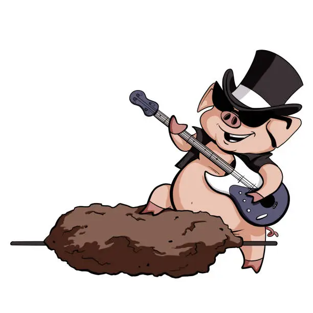 Vector illustration of Cartoon rockstar pig with roast playing guitar