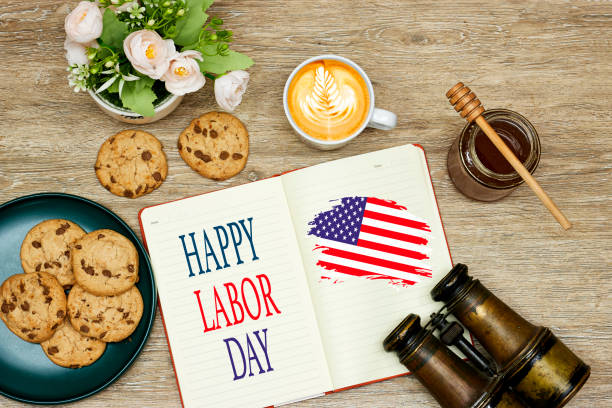 latte art coffee and cookies, happy labor day concept on notebook with old binocular - photography starbucks flag sign imagens e fotografias de stock